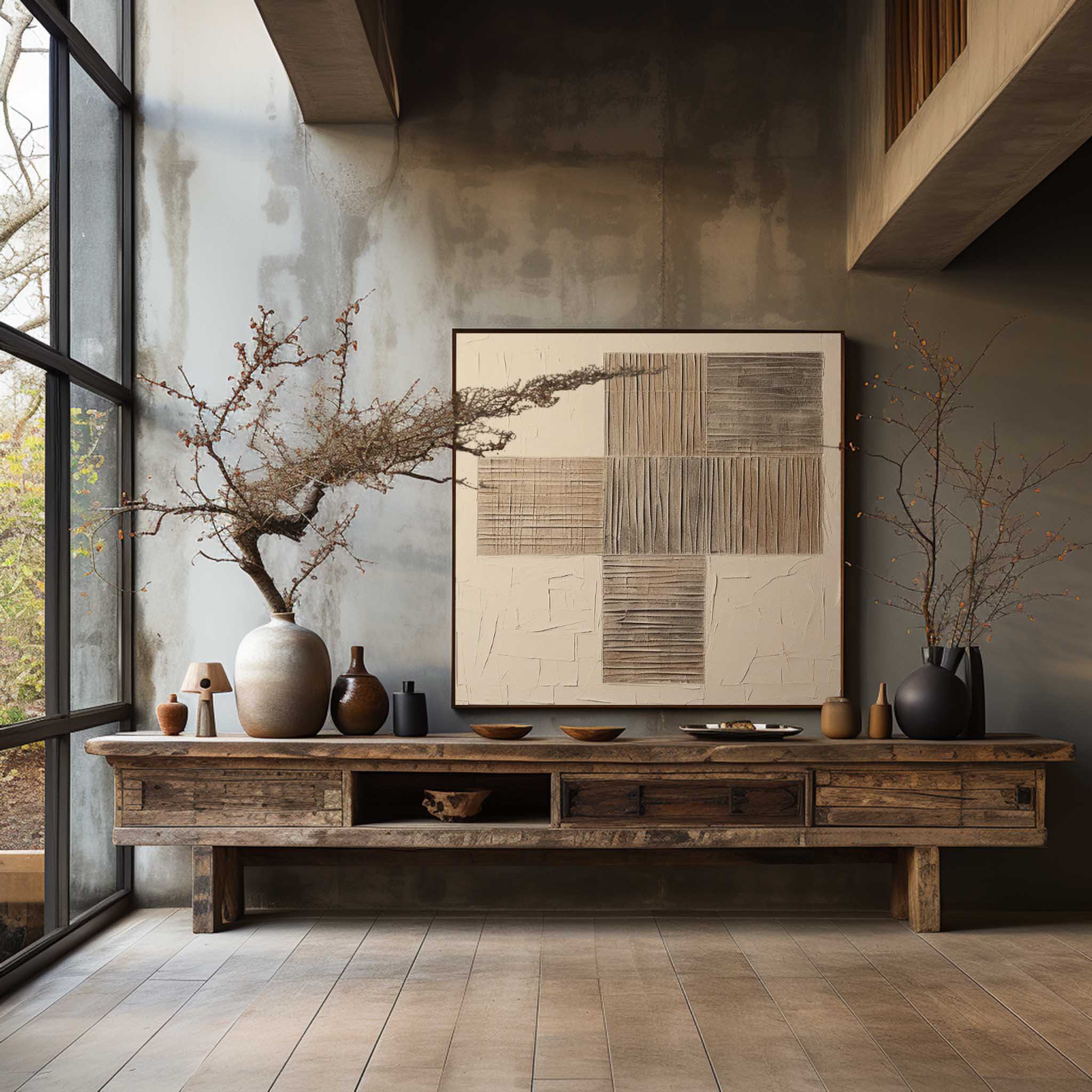 Wabi-Sabi Neutral Toned Textured Grid Panel Oil Painting