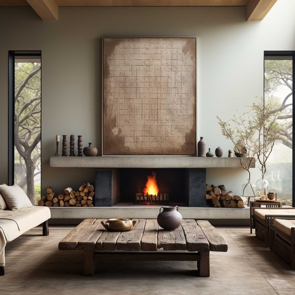 Neutral Toned Textured Grid Pattern Oil Painting