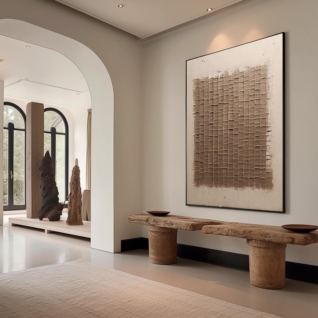 Minimalist 3D Textured Grid Painting Warm Brown Tone