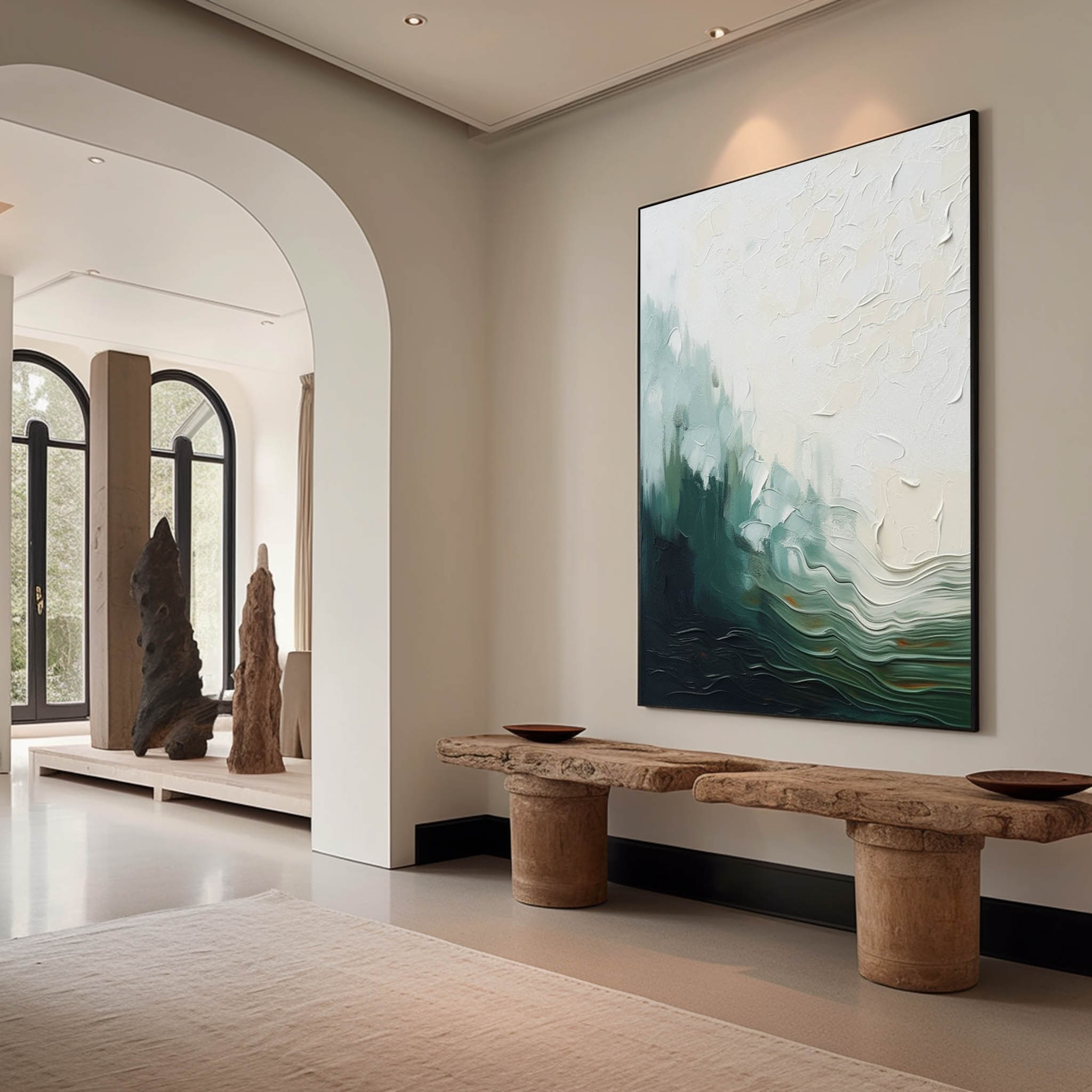 Emerald Ocean Wave Impasto Painting