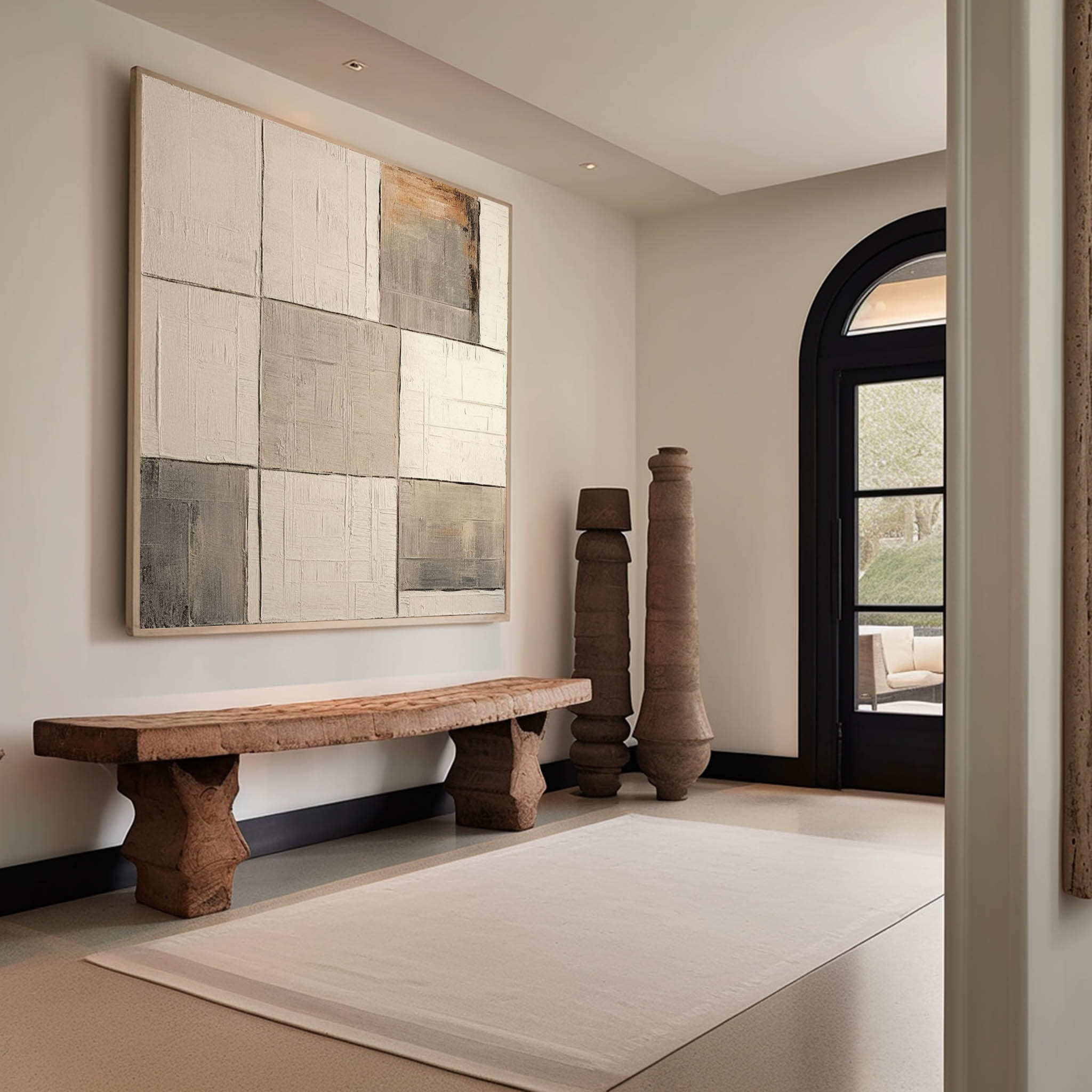 Wabi-Sabi Neutral Toned Textured Grid Block Oil Painting