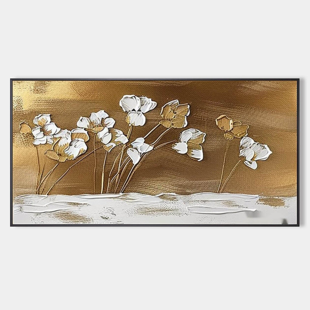 Textured Gold and White Floral Impasto Painting