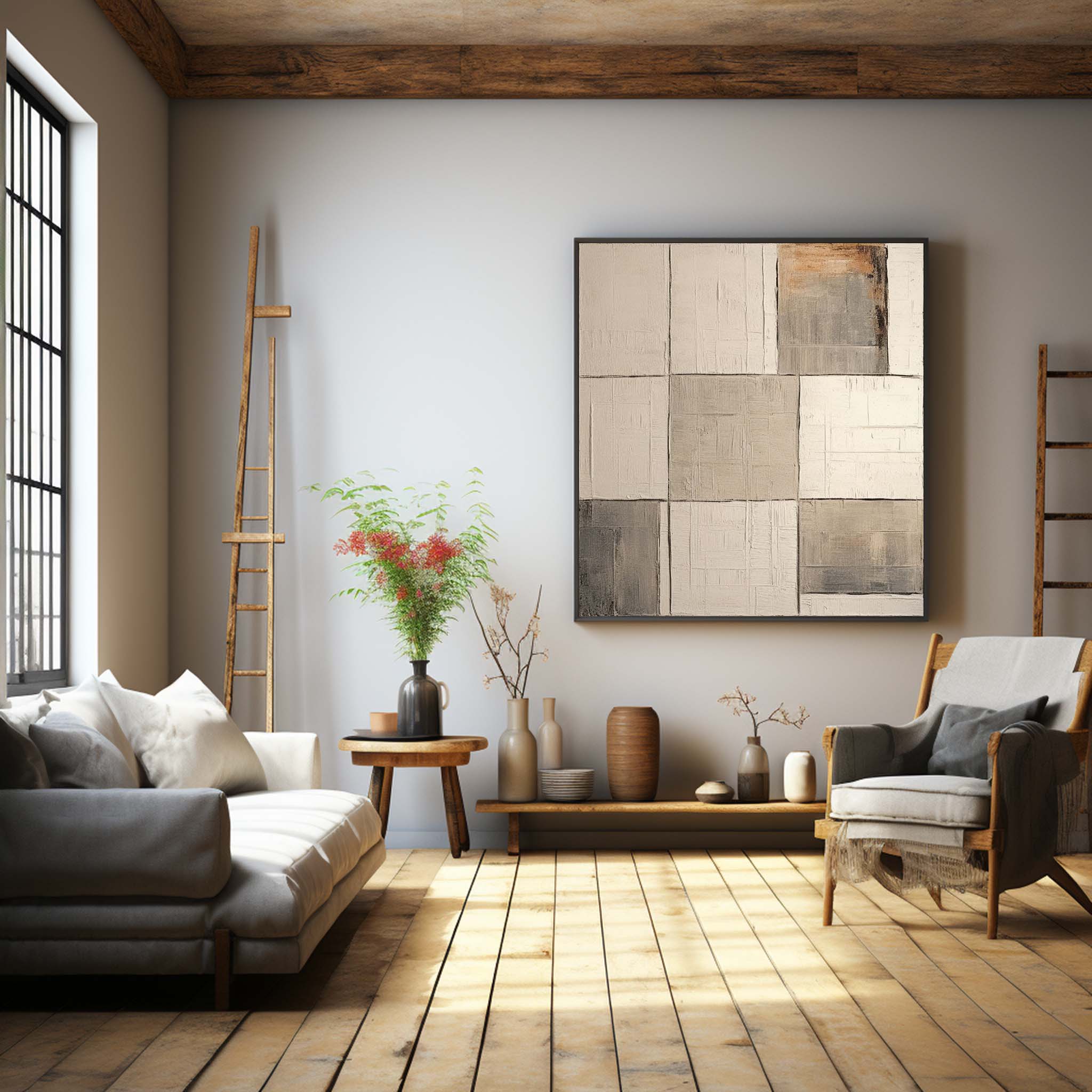 Wabi-Sabi Neutral Toned Textured Grid Block Oil Painting