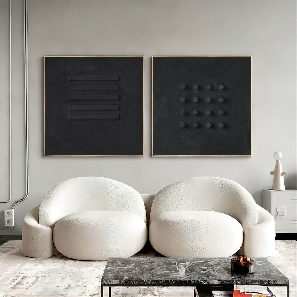 Minimalist Black Bas-Relief Diptych Painting Set Of 2