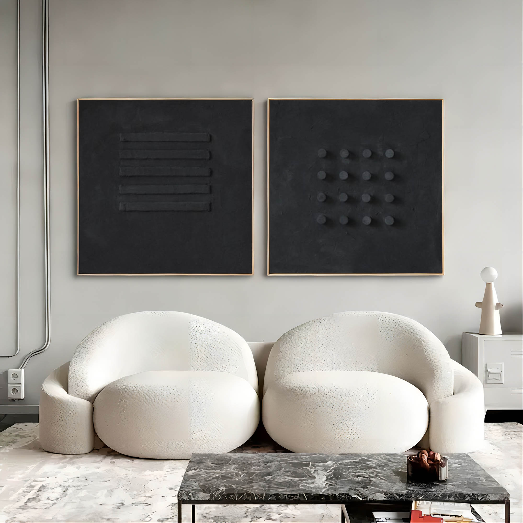 Minimalist Black Bas-Relief Diptych Painting Set Of 2