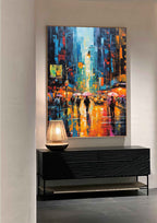 Impasto Cityscape Painting Vibrant Urban Rain