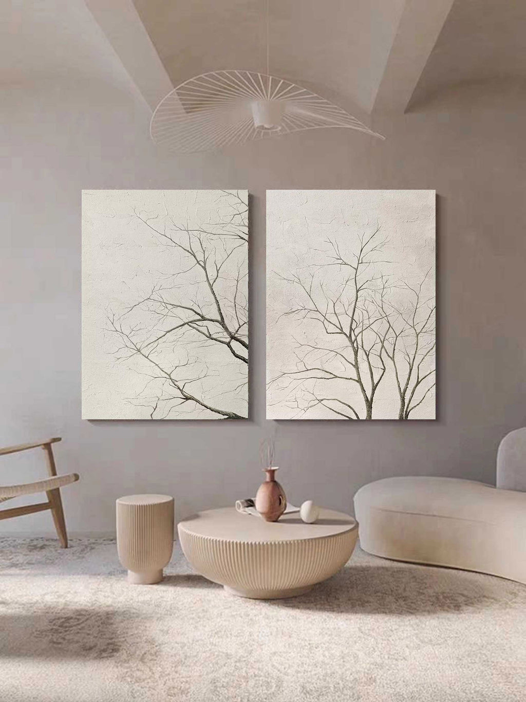 Set Of 2 Neutral Bare Tree Diptych Painting Textured