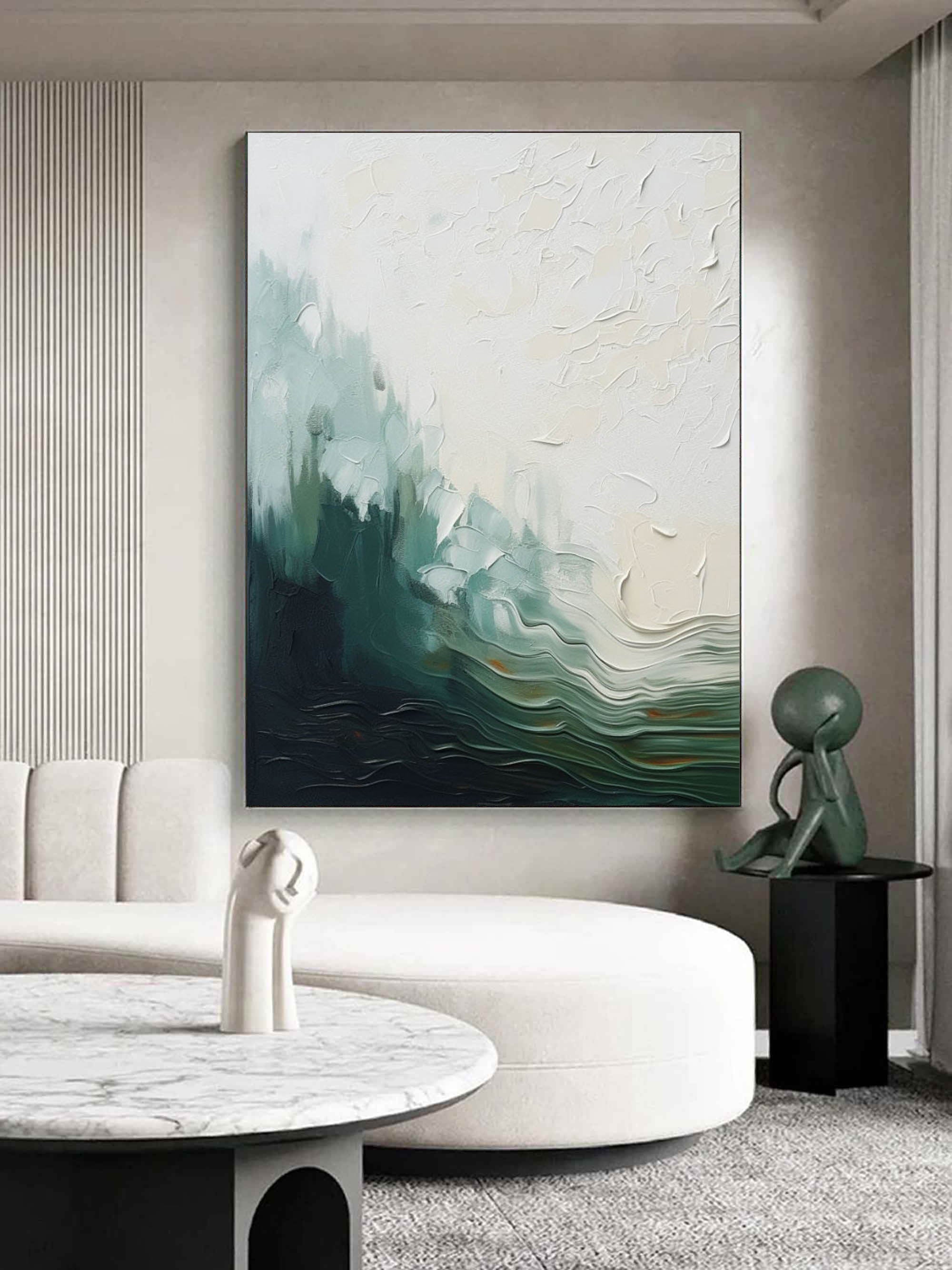 Emerald Ocean Wave Impasto Painting