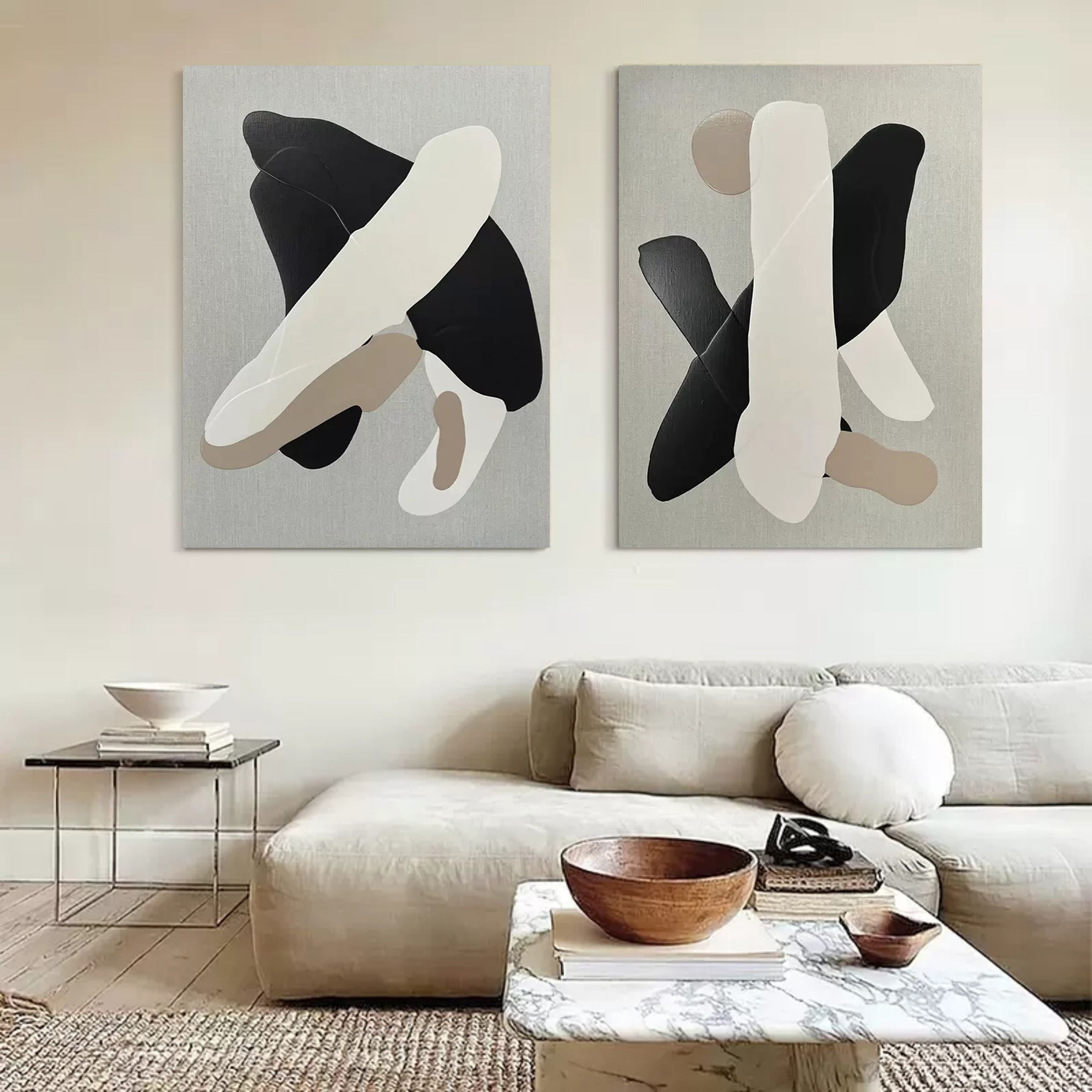 Abstract Neutral Organic Shape Diptych Wall Art