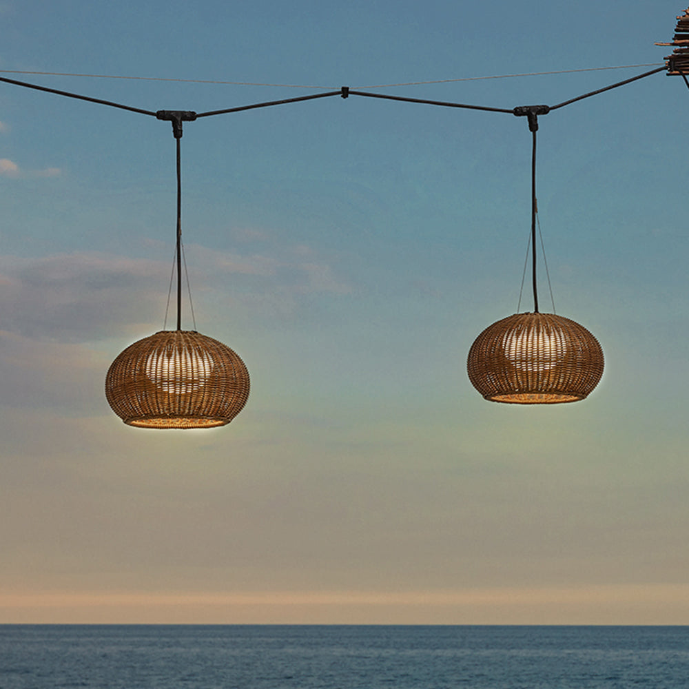 Ray Retro Lantern Gold Pendant Light, Bamboo/