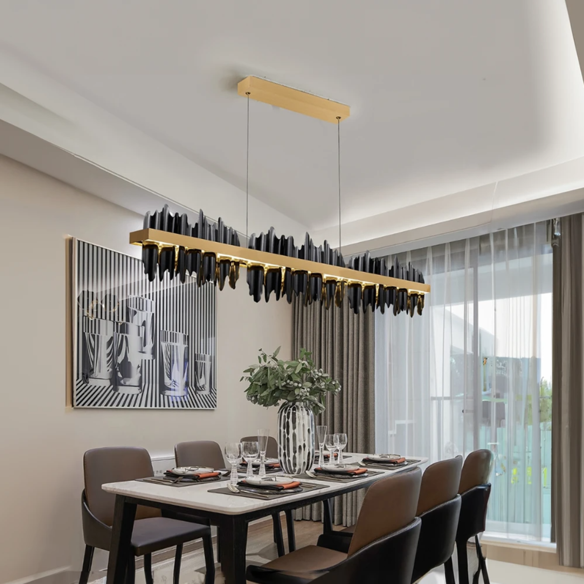 Kristy Industrial Chandelier Rectangle Metal Gold Black Living Room