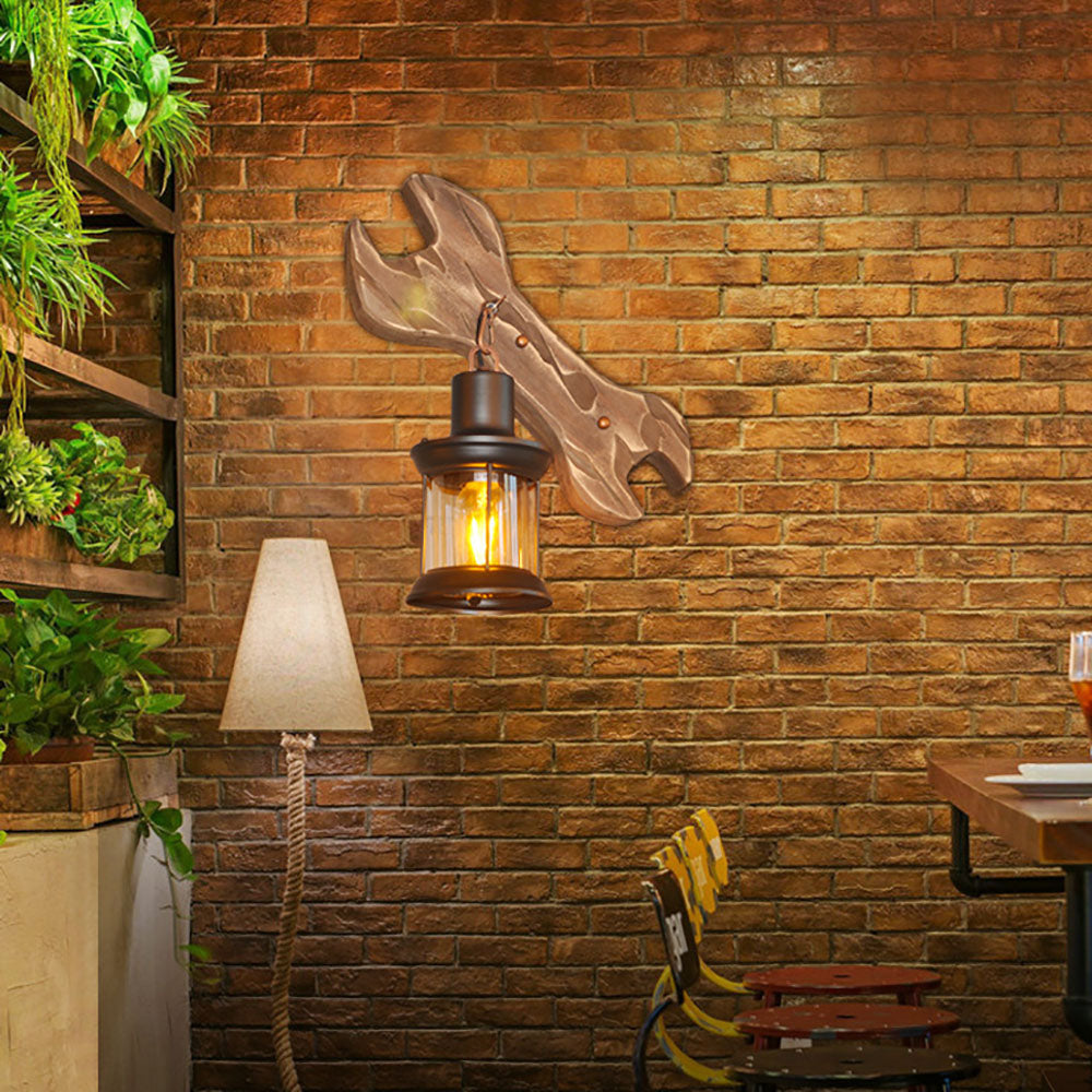 Epoch Lantern & Spanners Wall Lamp, Wood/Metal, Bedroom