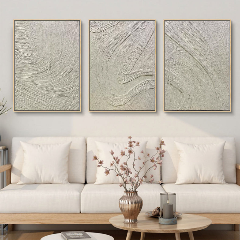 Textured Neutral Wave Triptych Relief Painting Set