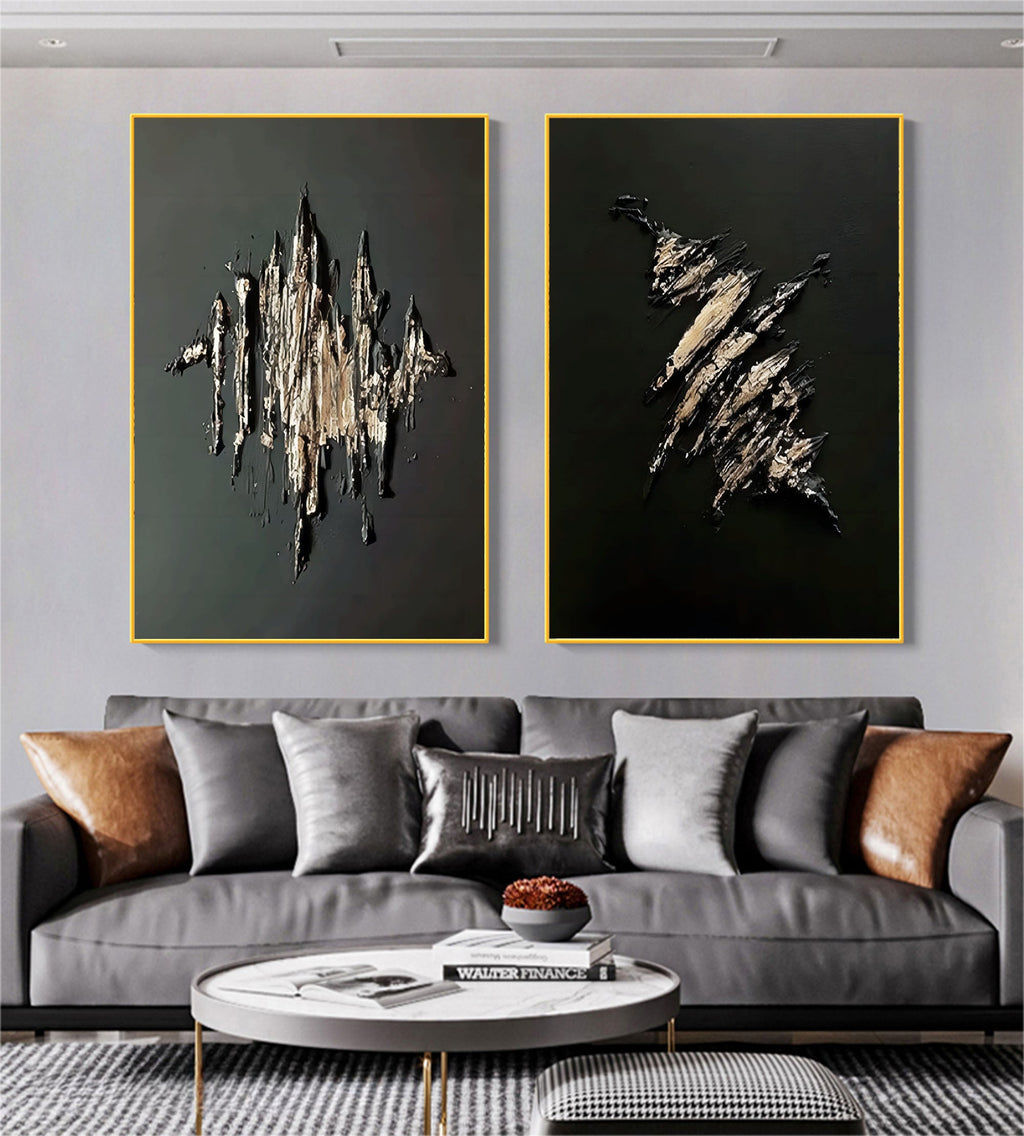 Textured Gold & Black Abstract Oil Painting