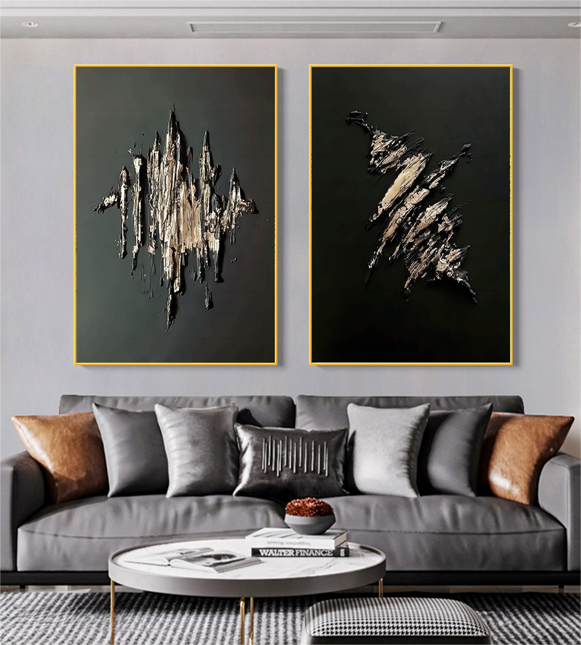 Textured Gold & Black Abstract Oil Painting
