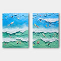 Vibrant Beach Scene Impasto Diptych Oil Painting