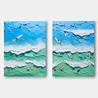 Vibrant Beach Scene Impasto Diptych Oil Painting