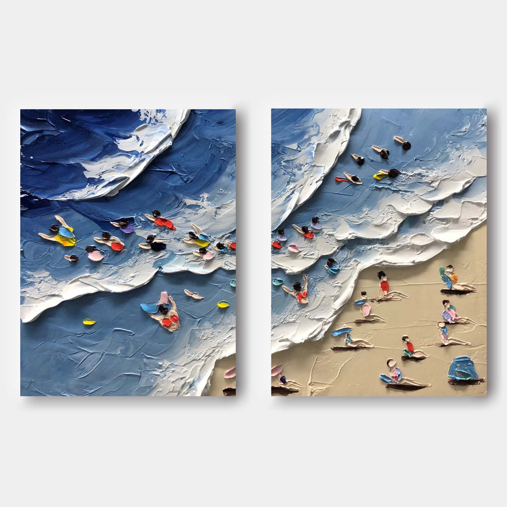 Colorful Beach Scene Impasto Diptych Oil Painting Set