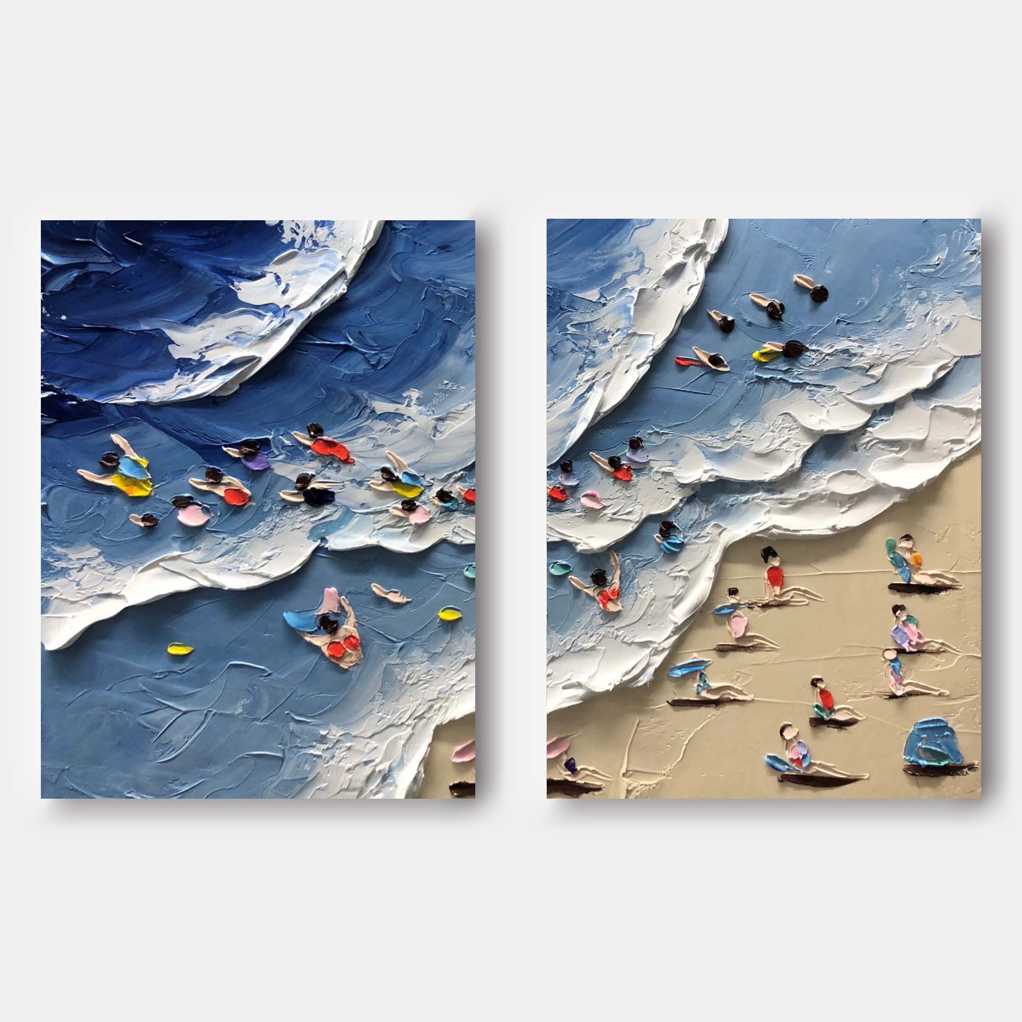 Colorful Beach Scene Impasto Diptych Oil Painting Set