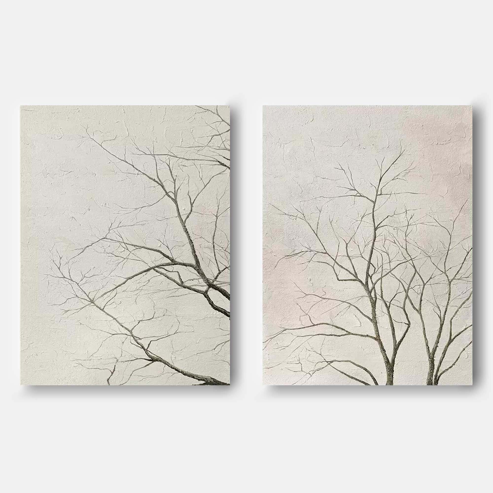 Set Of 2 Neutral Bare Tree Diptych Painting Textured