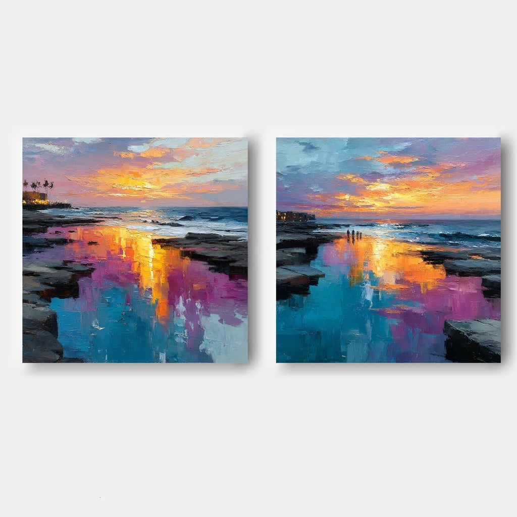 Coastal Sunset Diptych Impasto Painting