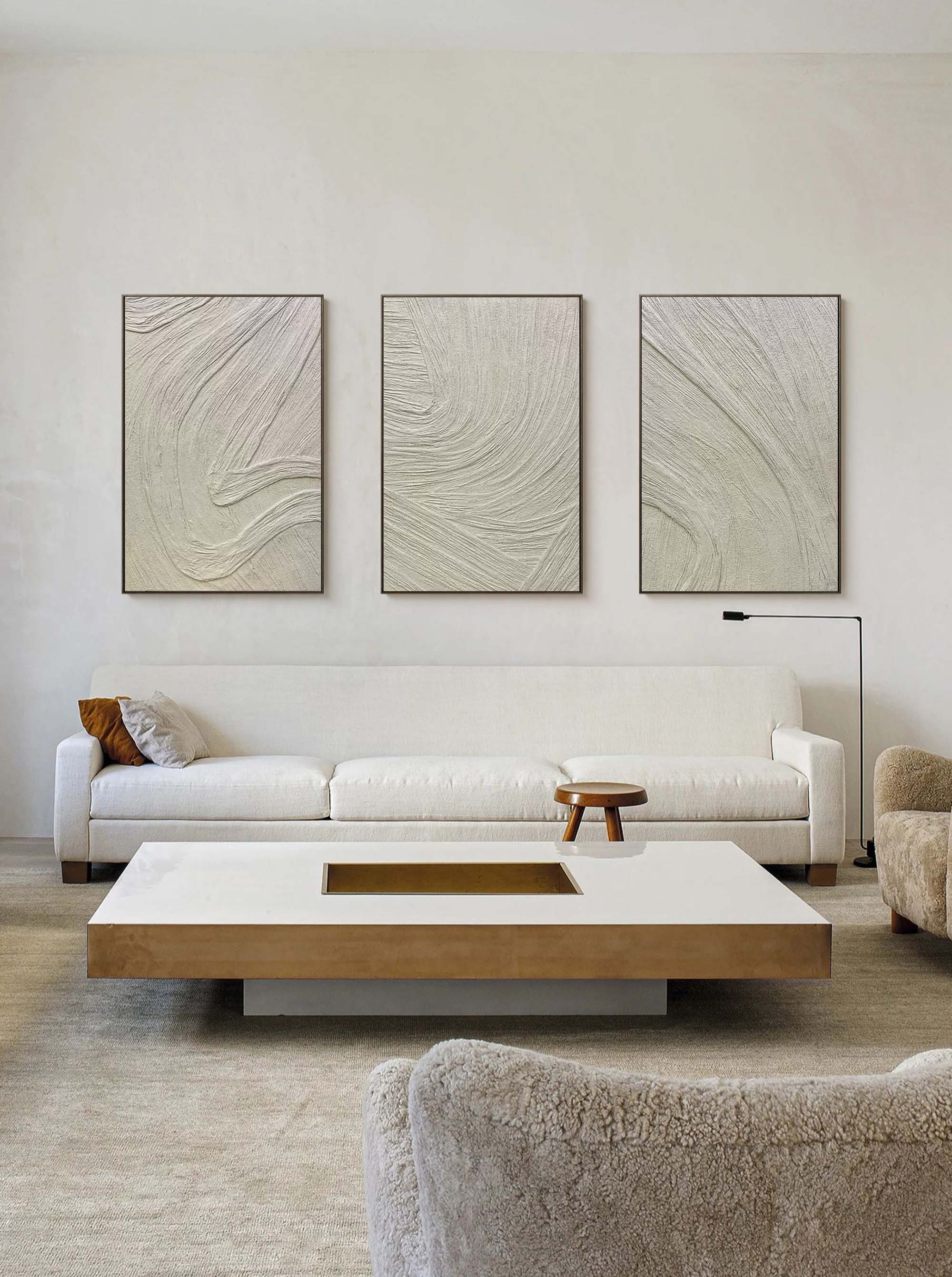 Textured Neutral Wave Triptych Relief Painting Set