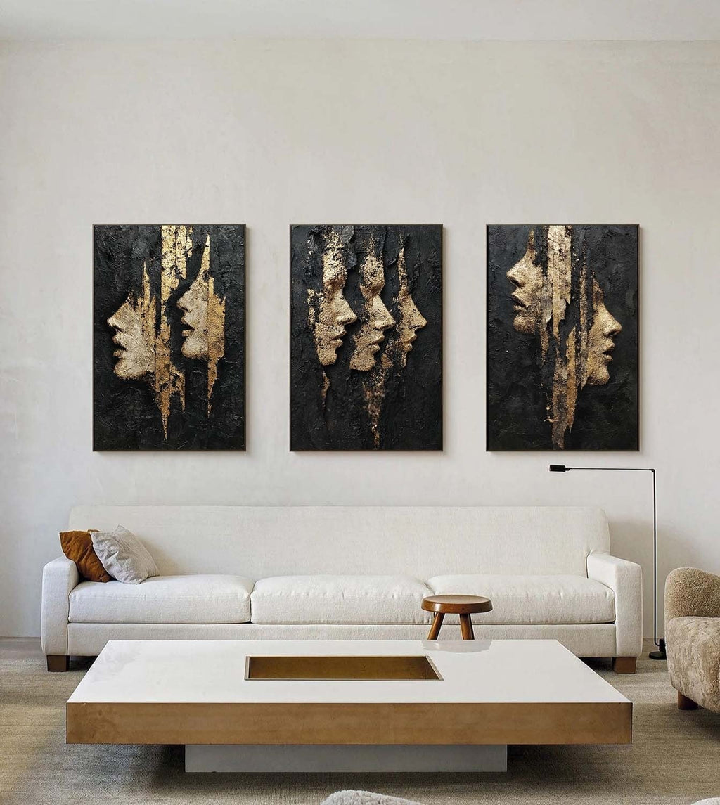 Black and Gold Abstract Faces Triptych Painting