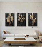 Black and Gold Abstract Faces Triptych Painting