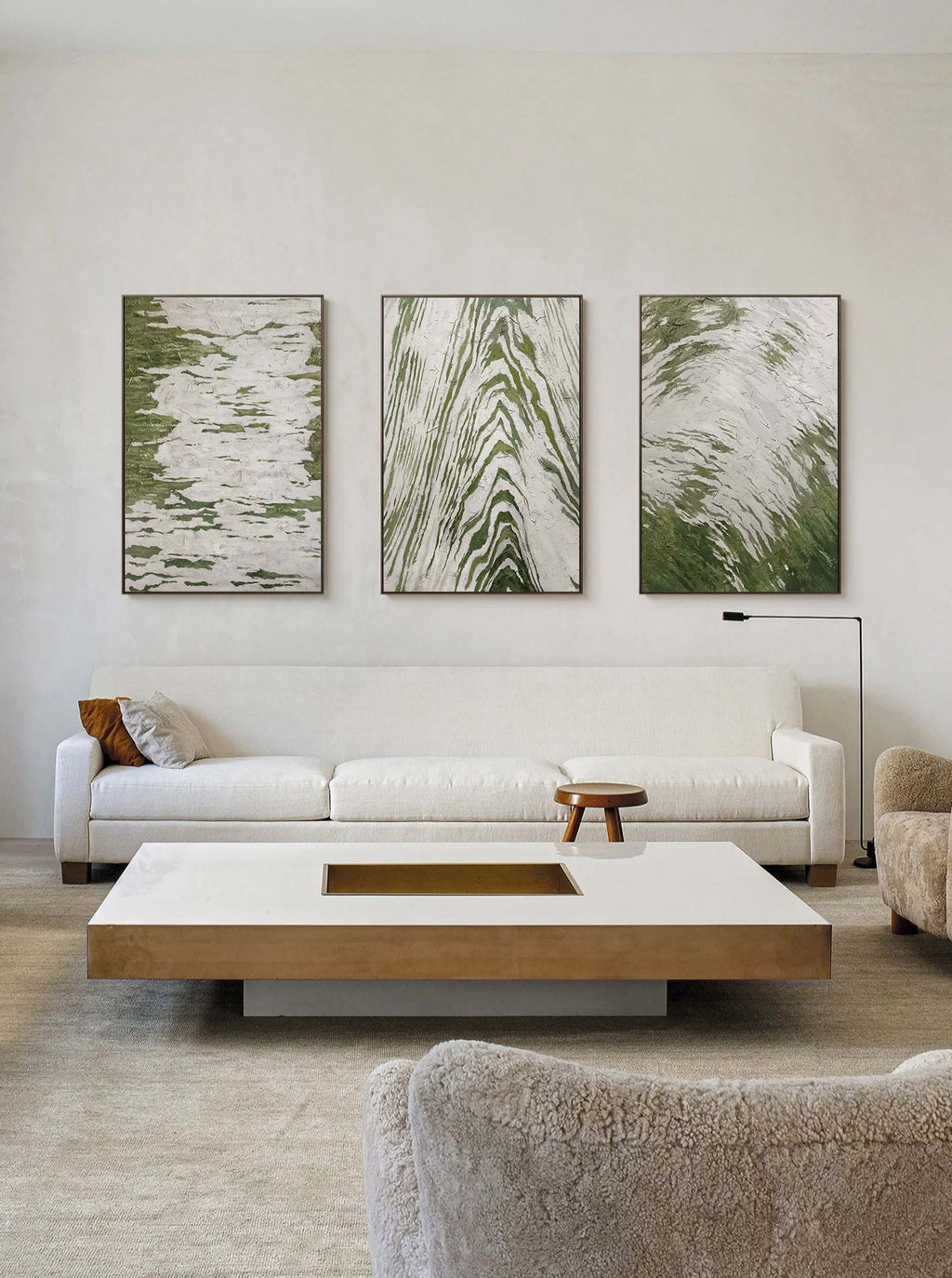 Set of 3 Green And White Triptych Painting