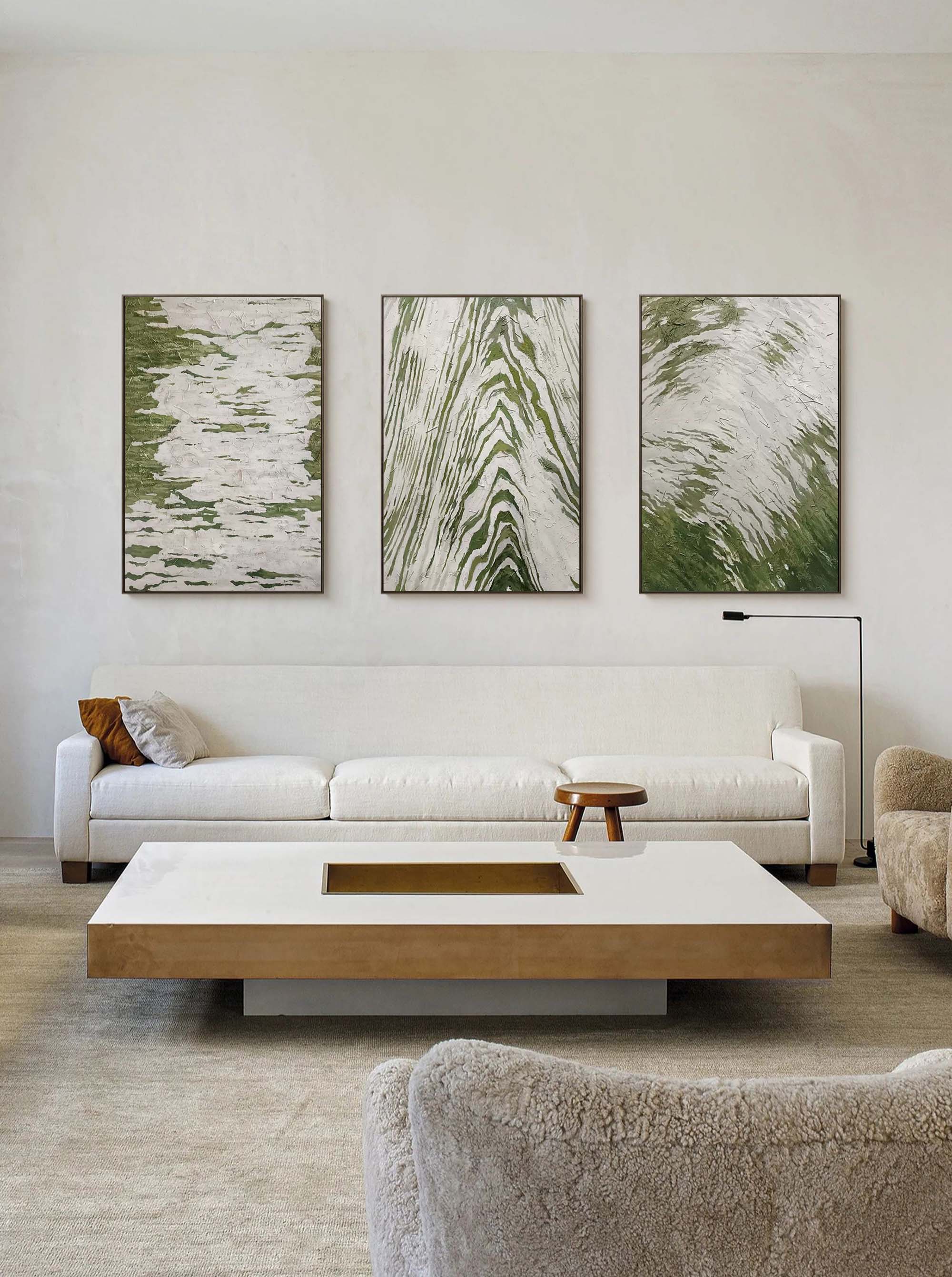 Set of 3 Green And White Triptych Painting