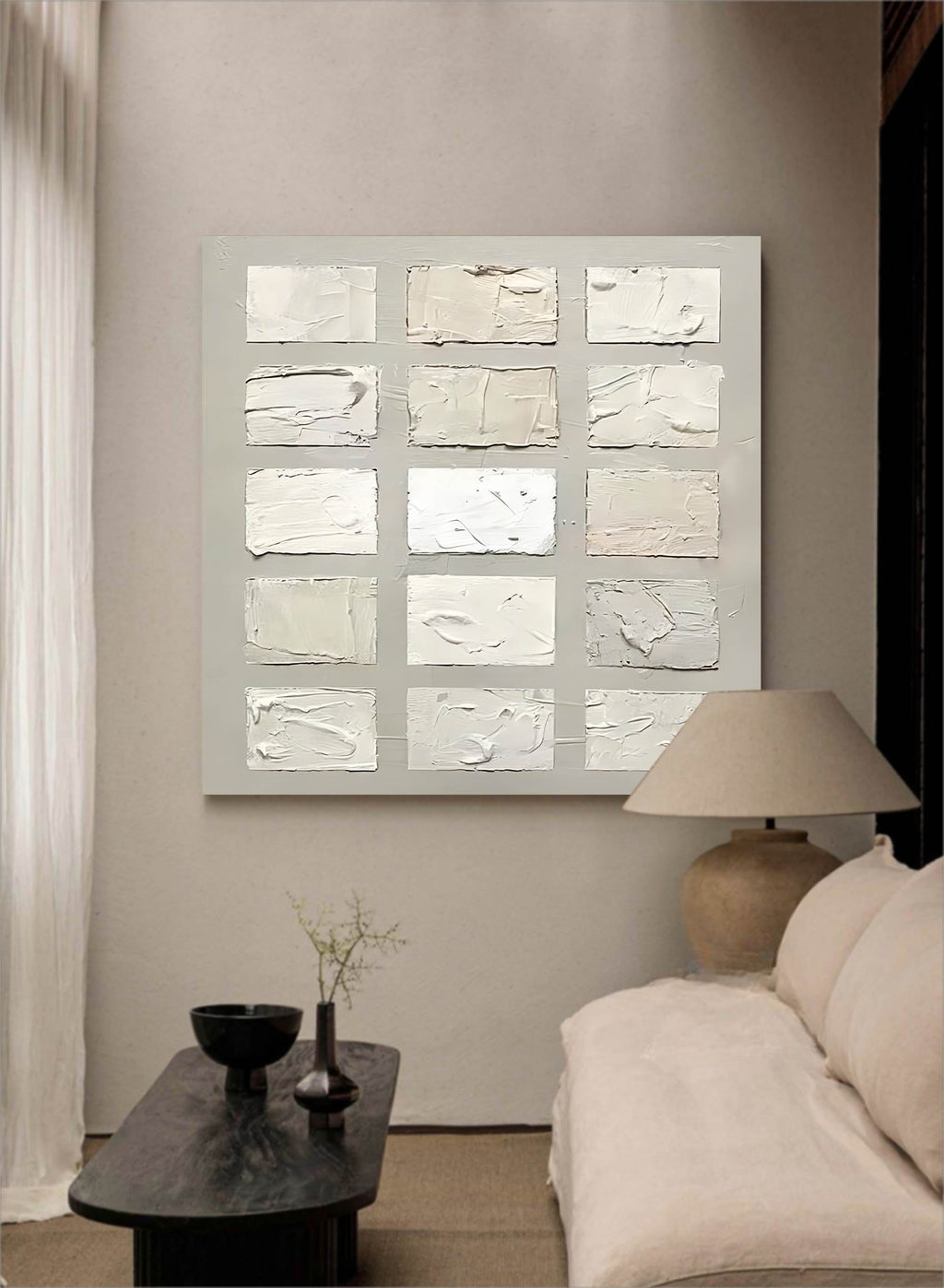 Wabi-Sabi Textured Neutral Tone Grid Oil Painting