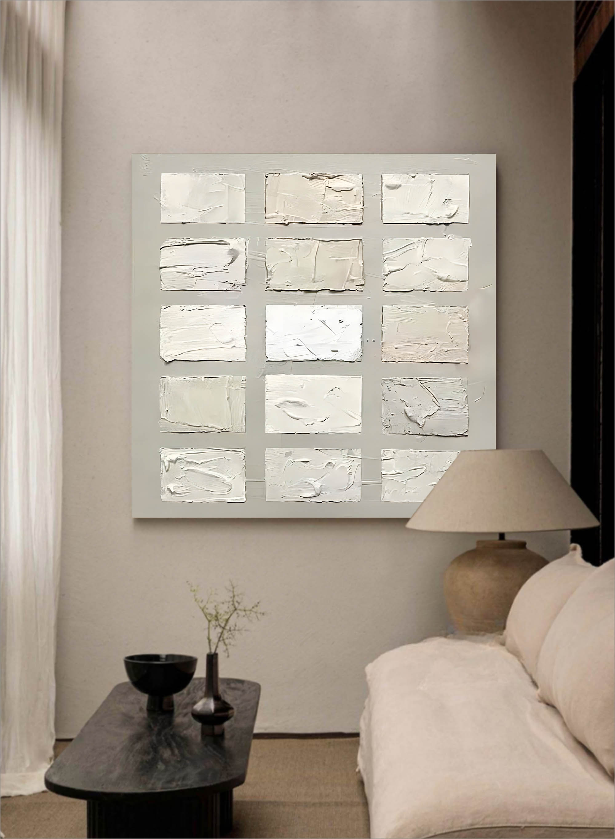 Wabi-Sabi Wall Art Neutral Tone Impasto Grid Oil Painting