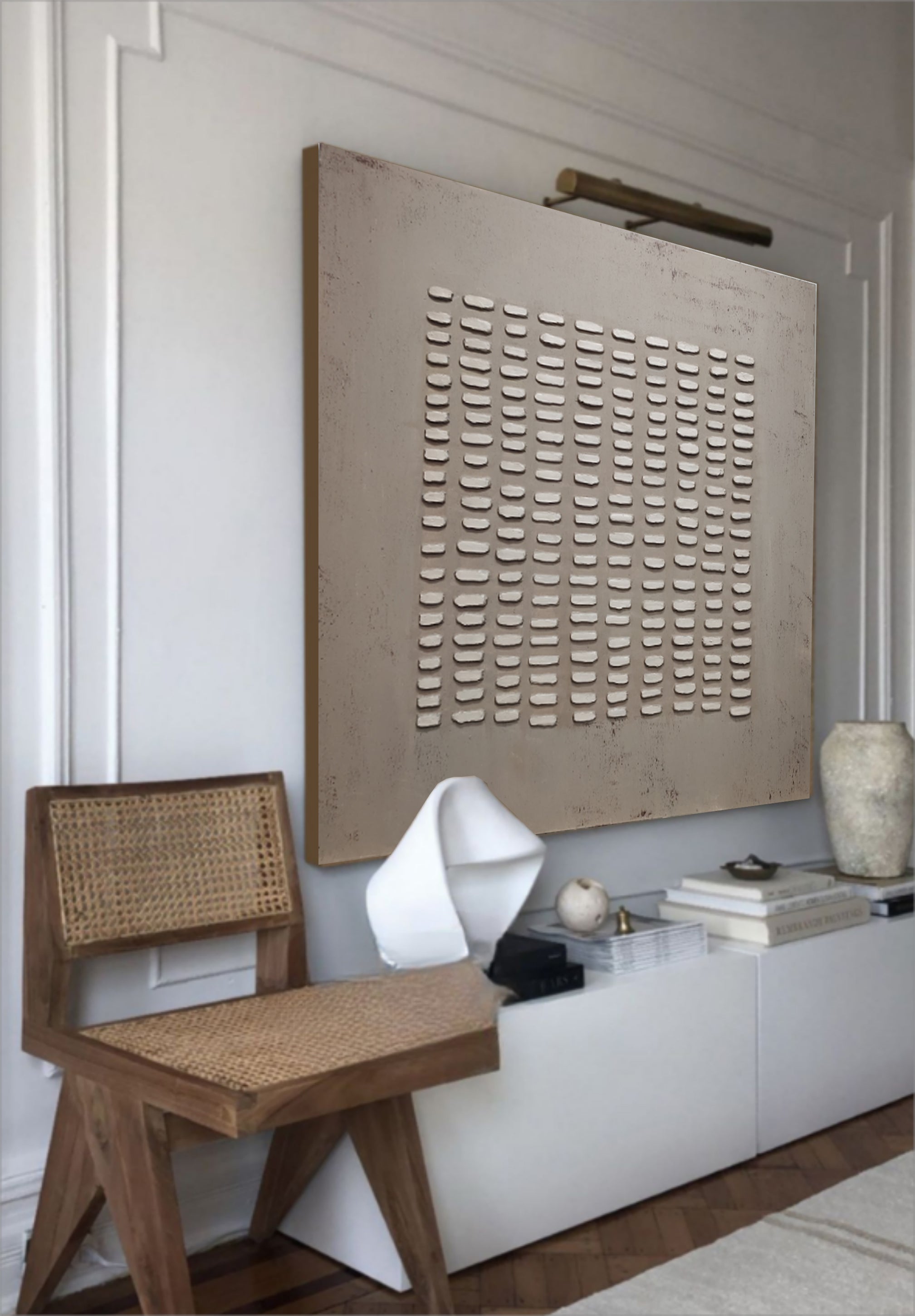 Minimalist 3D Textured Grid Painting Neutral Wall Art
