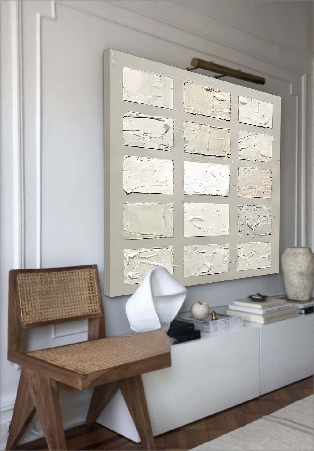 Wabi-Sabi Wall Art Neutral Tone Impasto Grid Oil Painting