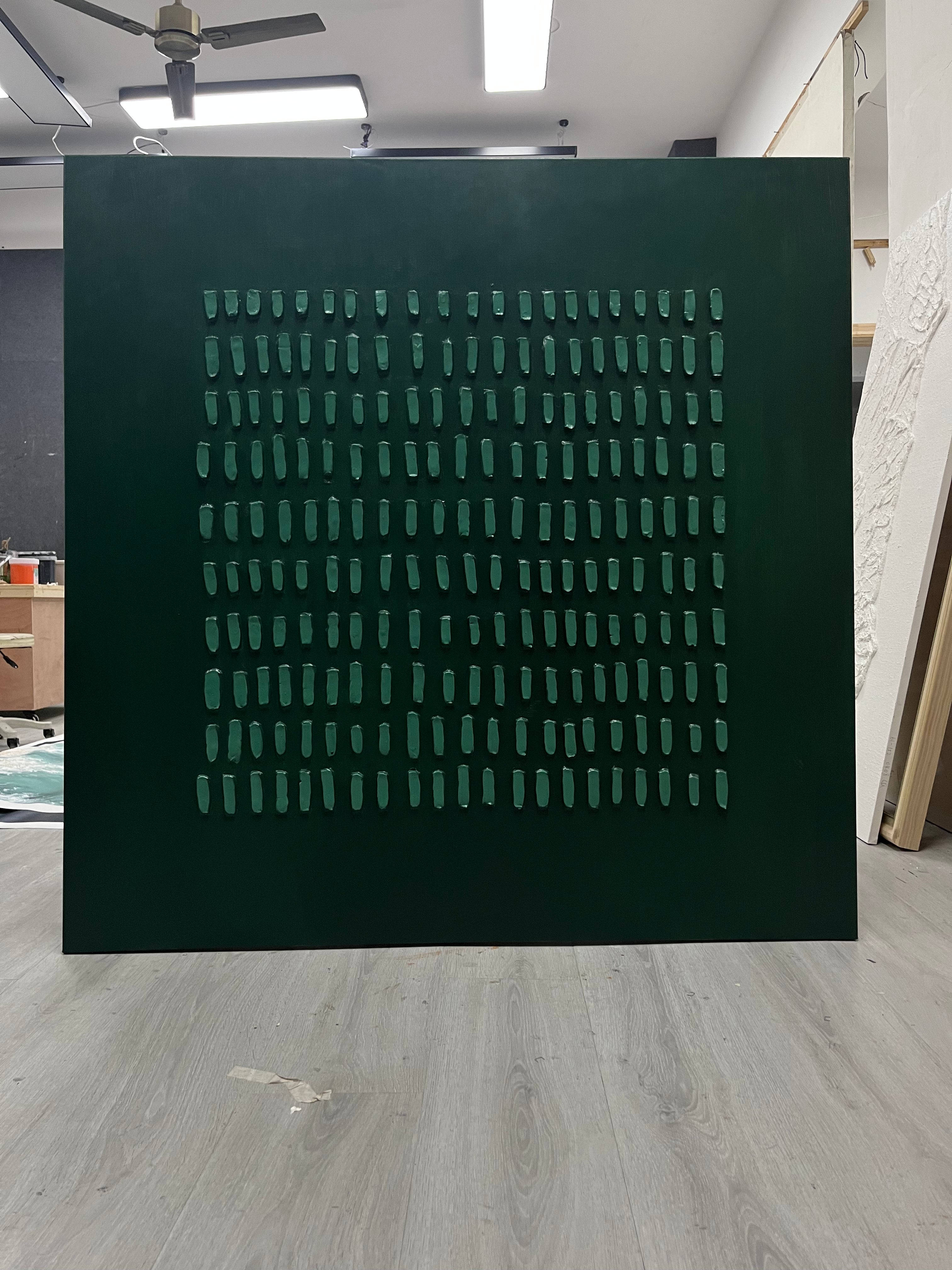 Dark Green Textured Grid Abstract Oil Painting