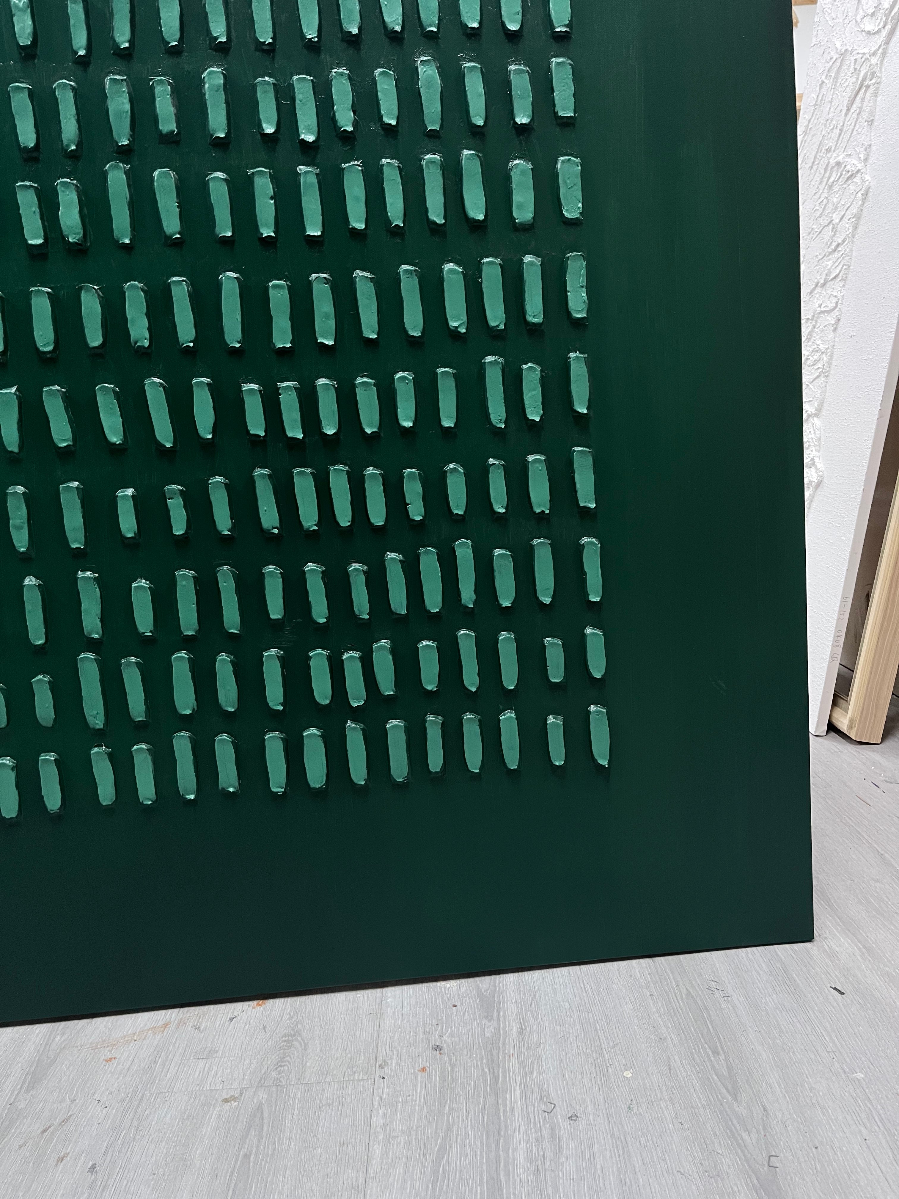 Dark Green Textured Grid Abstract Oil Painting