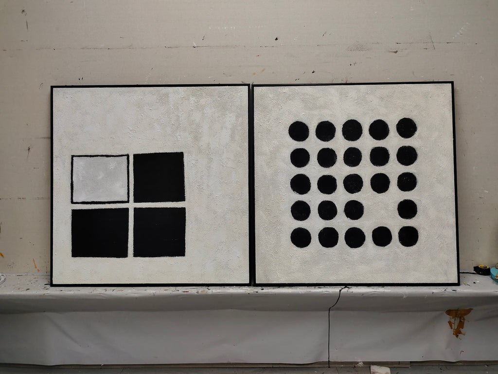 Wabi-Sabi Minimalist Black and White Grid Impasto Oil Painting