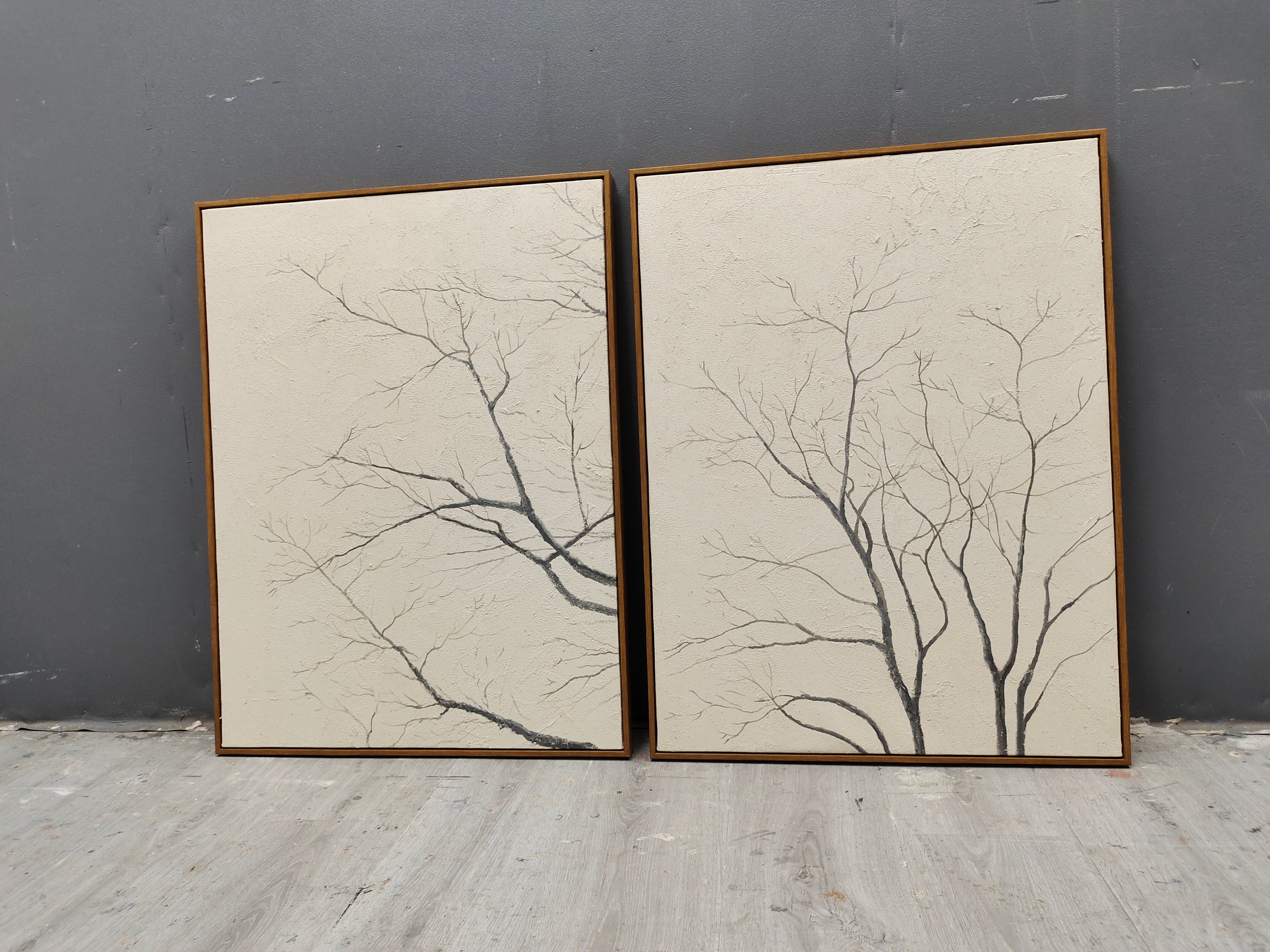 Set Of 2 Neutral Bare Tree Diptych Painting Textured
