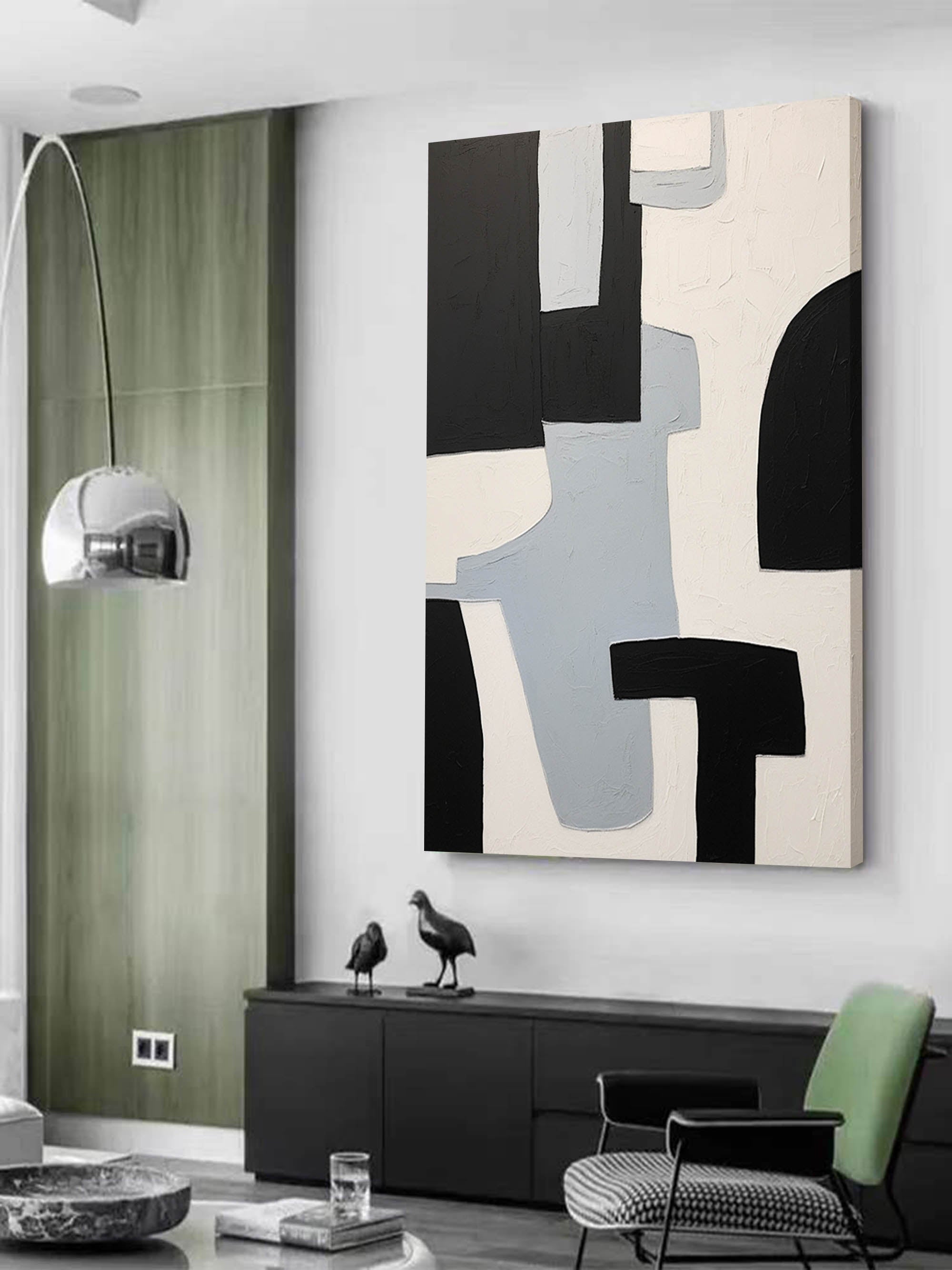 Minimalist White Grey Geometric Oil Painting