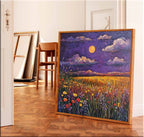 Moonlit Wildflower Field Under Purple Sky Impressionist