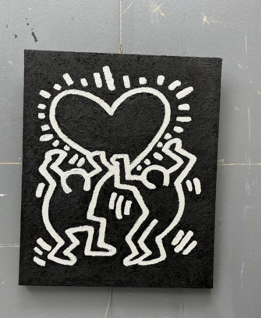 Keith Haring Style Black White Heart Figures Art