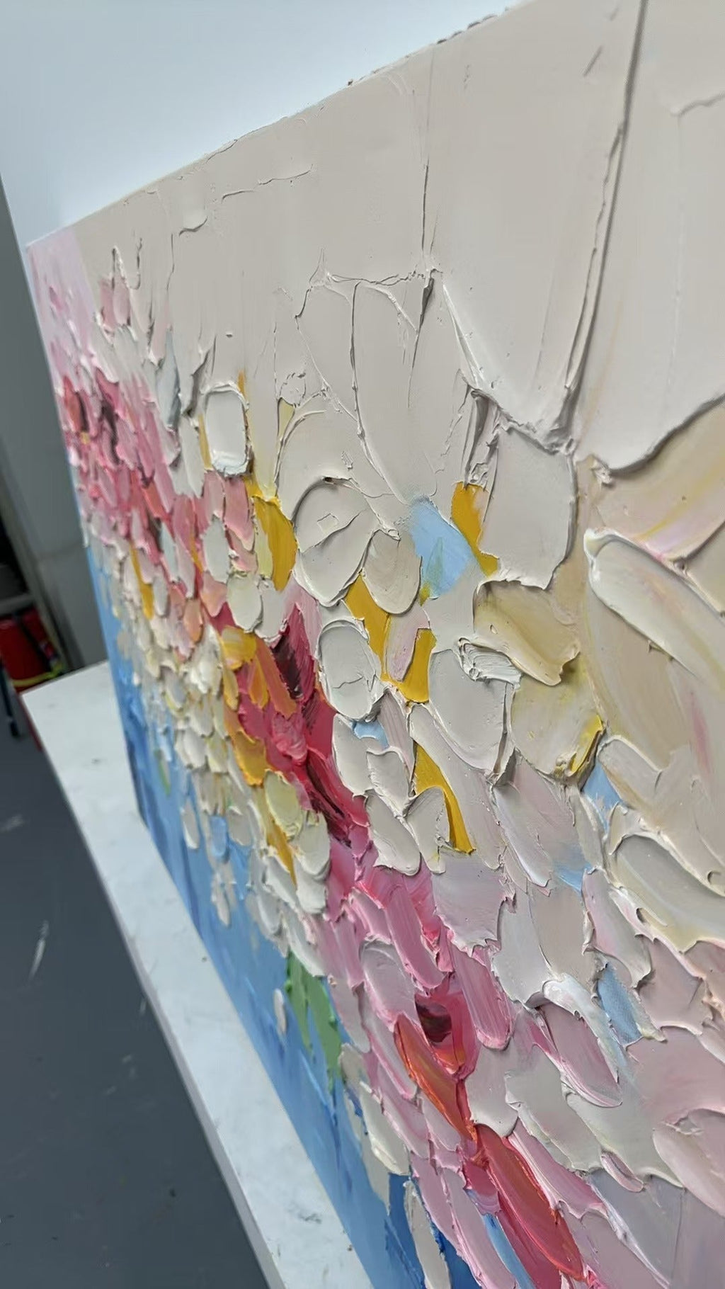 Vibrant Floral Impasto Painting Textured Pink Yellow