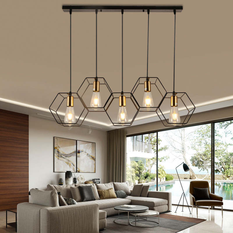 Arisha Rustic Farmhouse Geometry  3/5 Light Pendant Light, Black