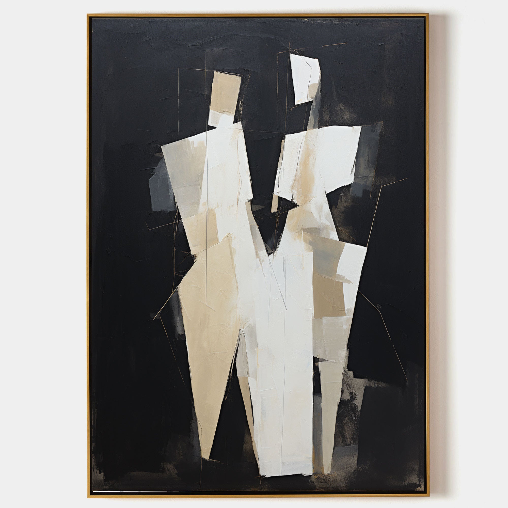 Cubist Style Couple Figure Oil Painting Black Beige