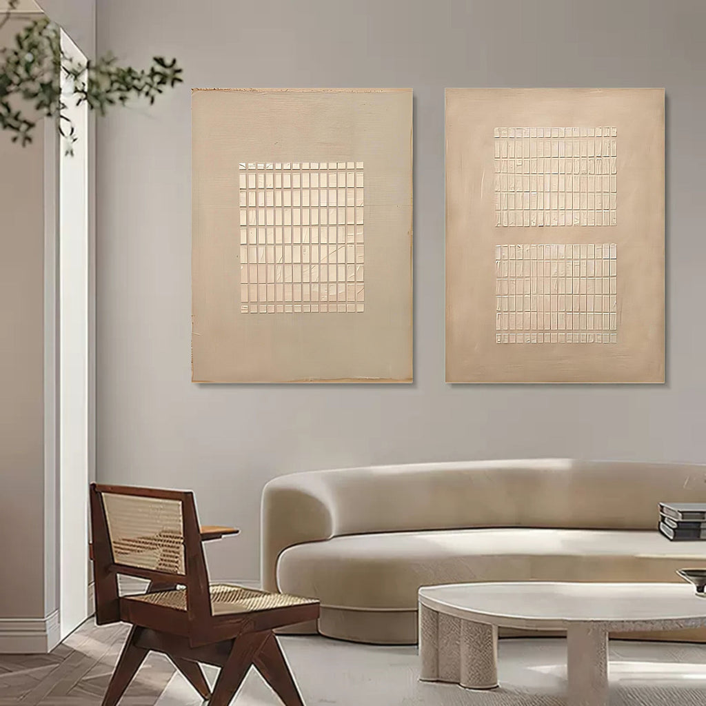 Set Of 2 Grid Texture Diptych Painting