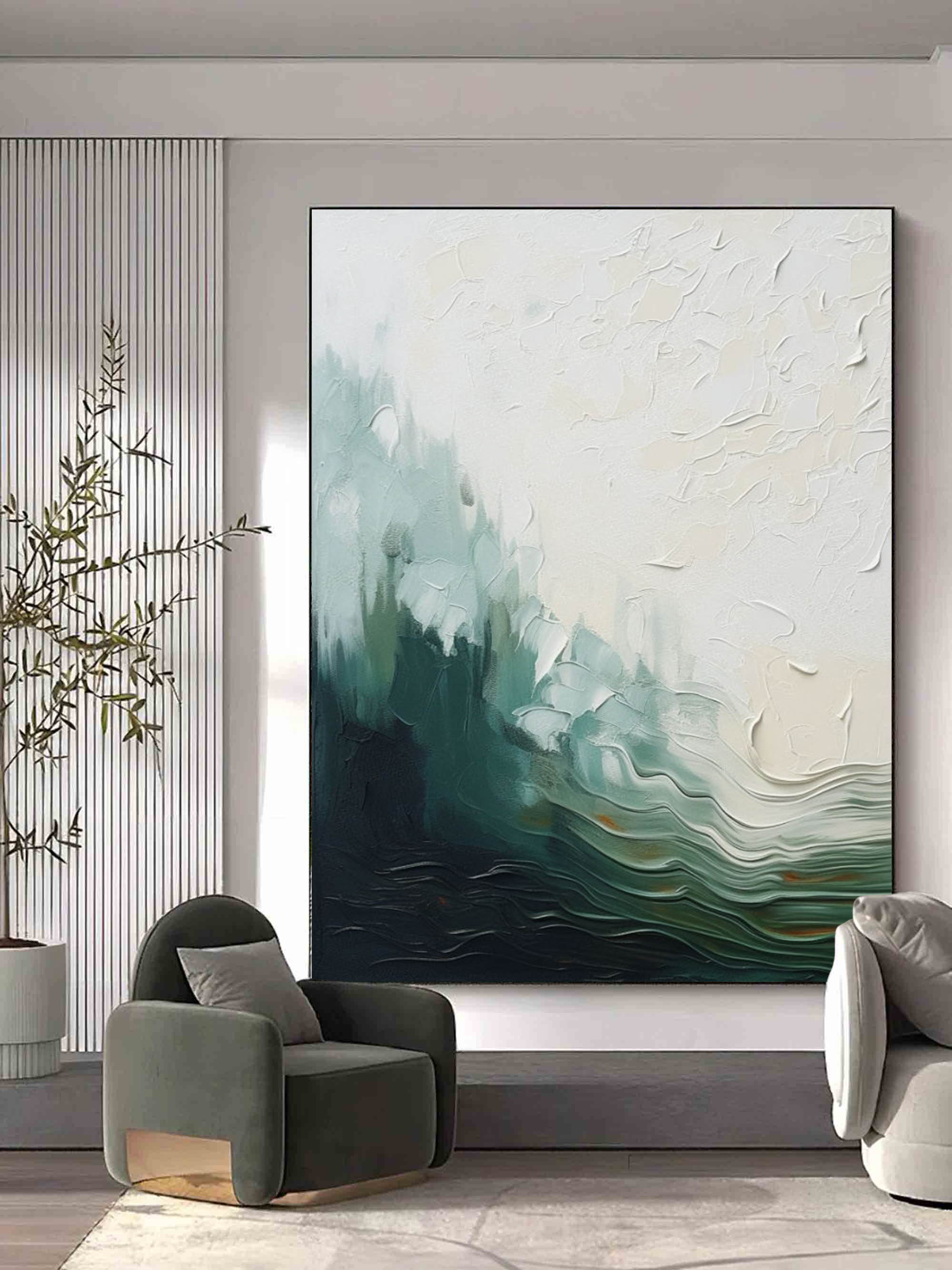 Emerald Ocean Wave Impasto Painting