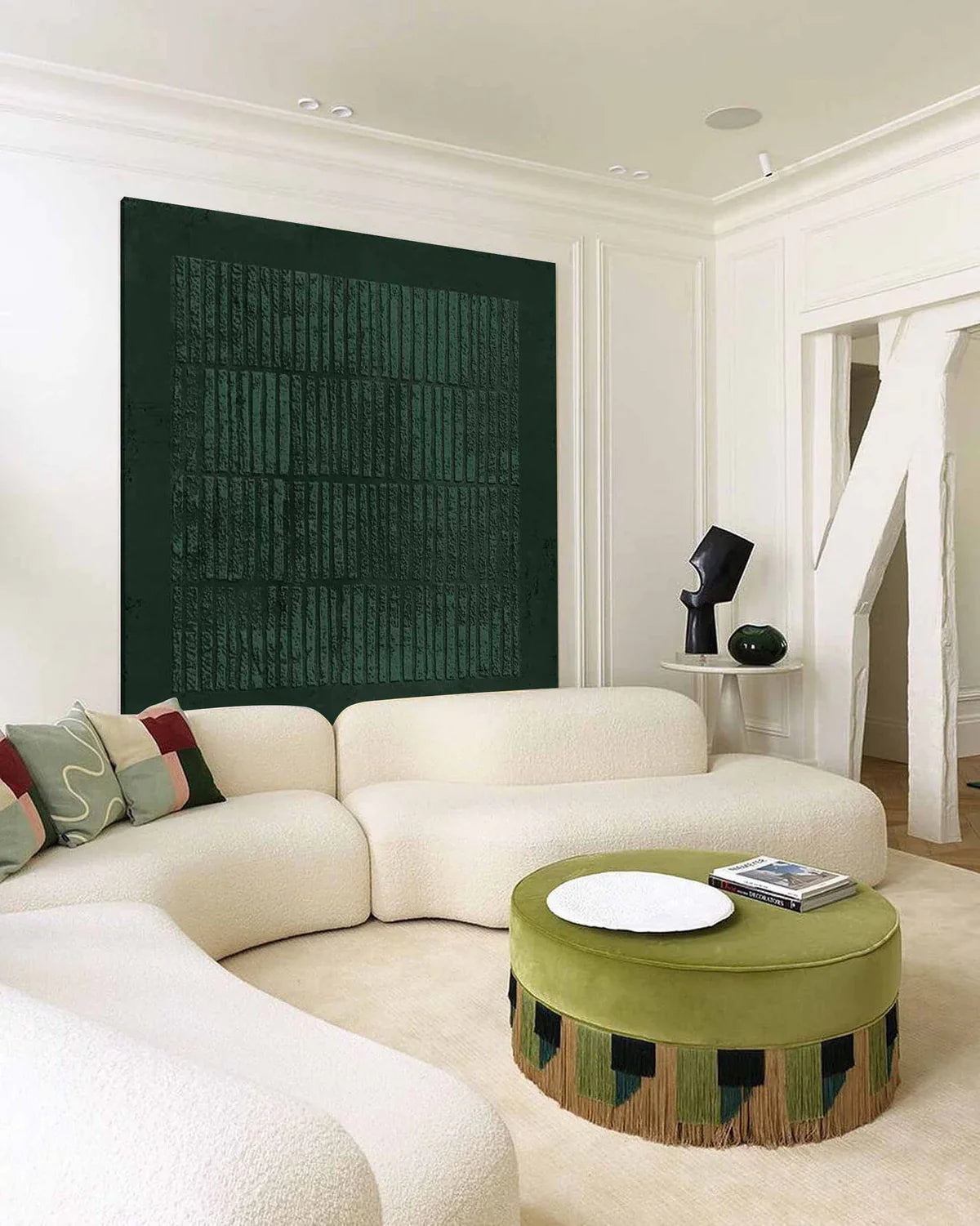 Deep Emerald Textured Vertical Strip Abstract Oil Painting