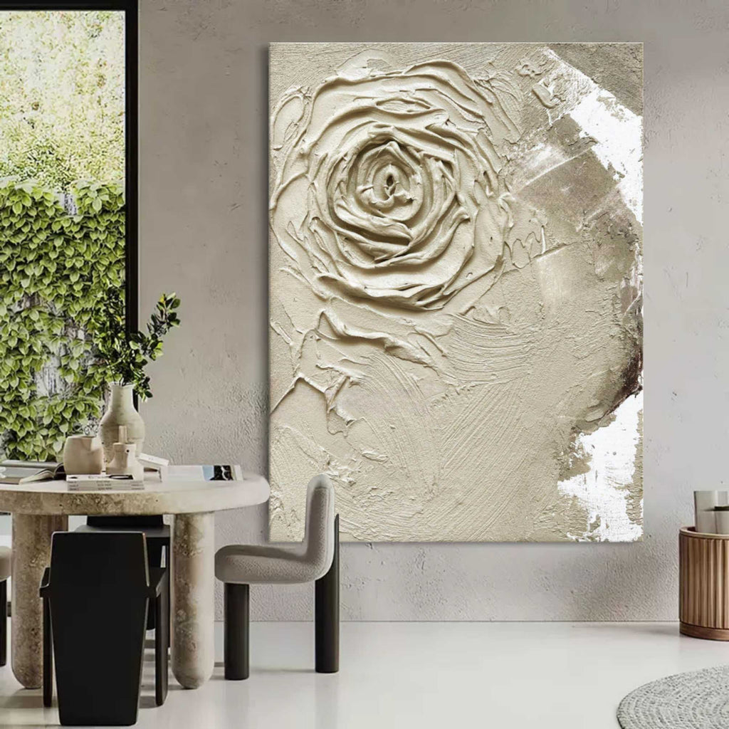 Wabi-Sabi 3D Textured Neutral Tone Rose Oil Painting