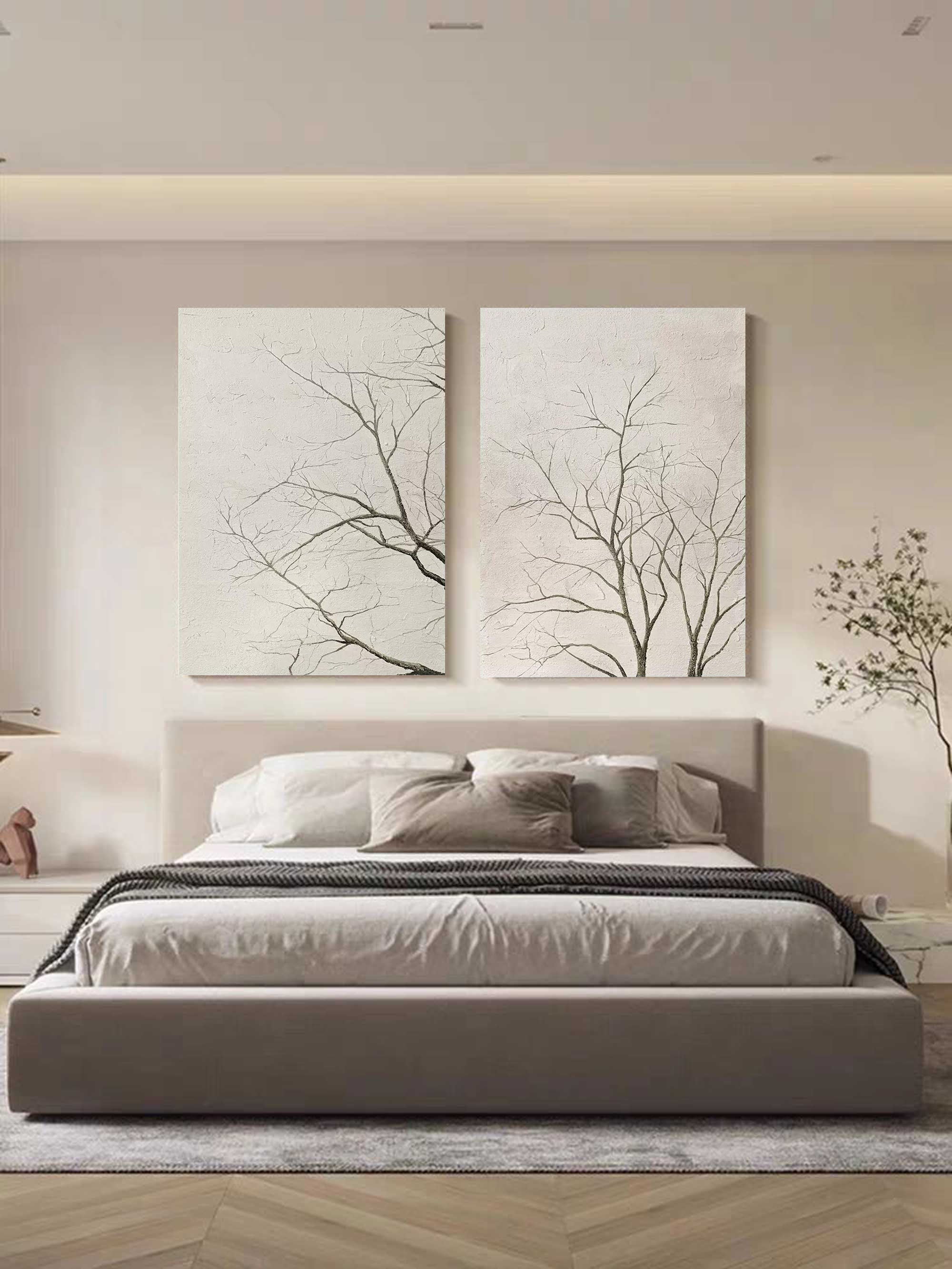 Set Of 2 Neutral Bare Tree Diptych Painting Textured