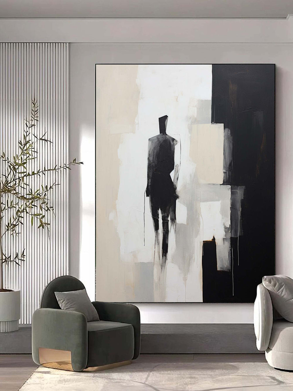 Minimalist Solitary Figure Oil Painting Black Beige Wall Art